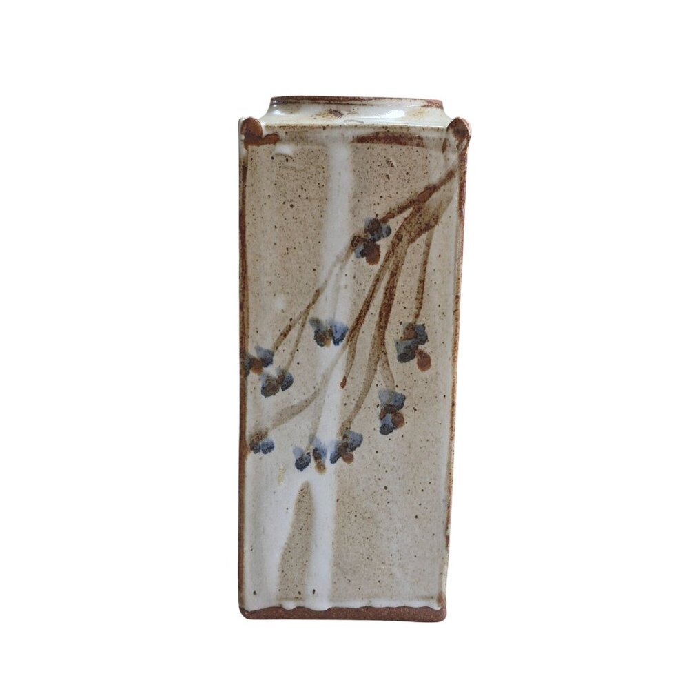 Heavy Stoneware Clay Urn Vase Rustic Floral Rectangular Brown & Beige Glaze - Picture 3 of 13